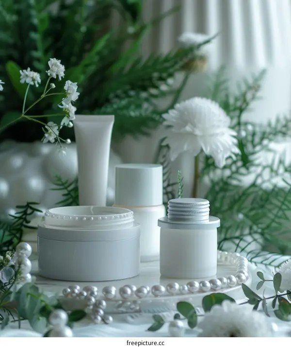 Natural skincare products with green leaves and white flowers