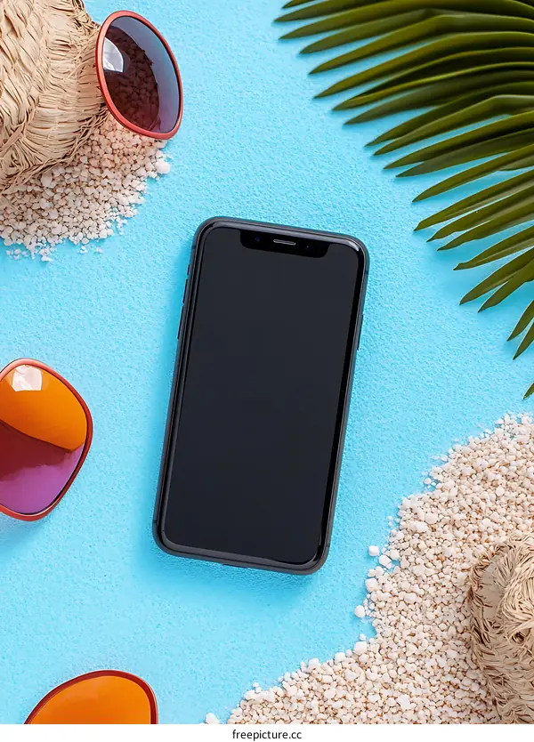 Summer Vacation Phone Mockup With Sunglasses And Palm Leaves