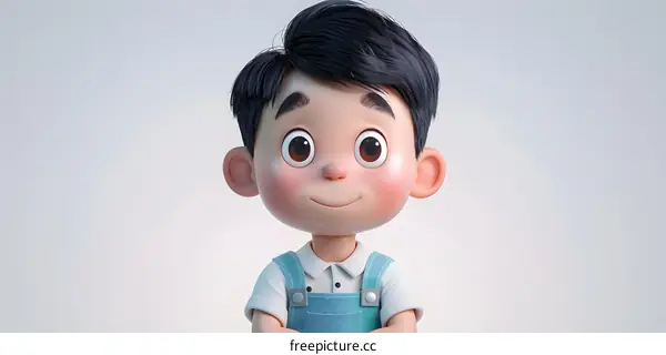 3D rendering of a cute cartoon boy with black hair and brown eyes wearing a white shirt and blue overalls