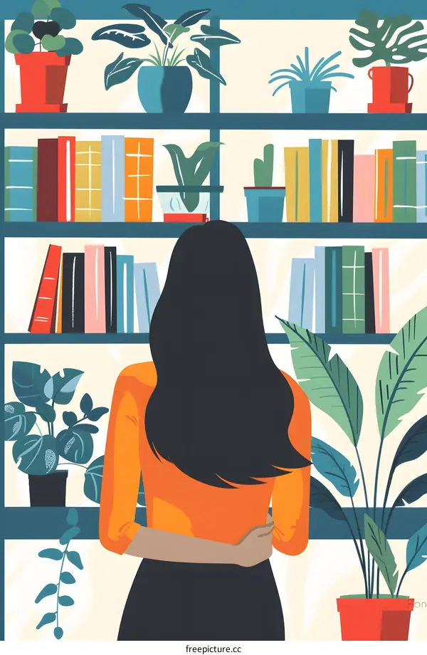 Woman Looking at Bookshelf Filled with Books and Plants