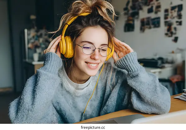 Woman Wearing Headphones and Glasses