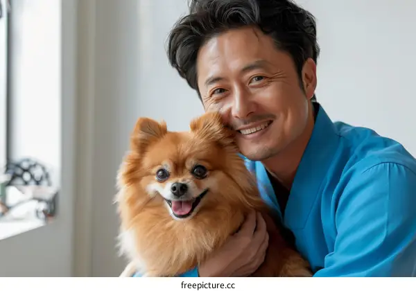 Asian man with a Pomeranian dog