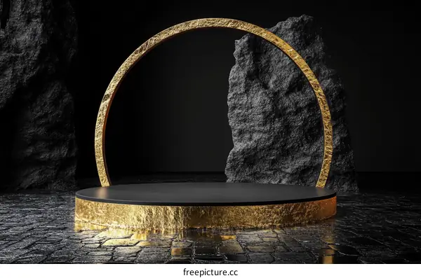 Luxury Golden Circle Podium Display Against Dark Stone