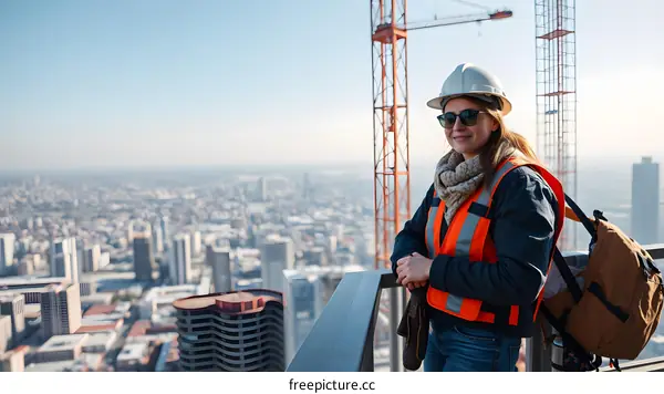 Female Construction Worker Standing on a Rooftop Overlooking a City Skyline