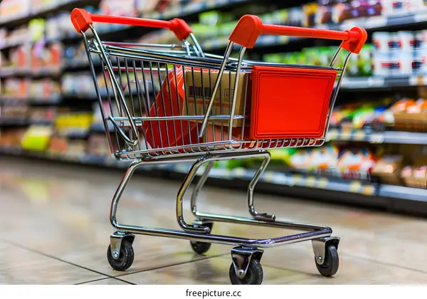 Red Shopping Cart In Supermarket Aisle