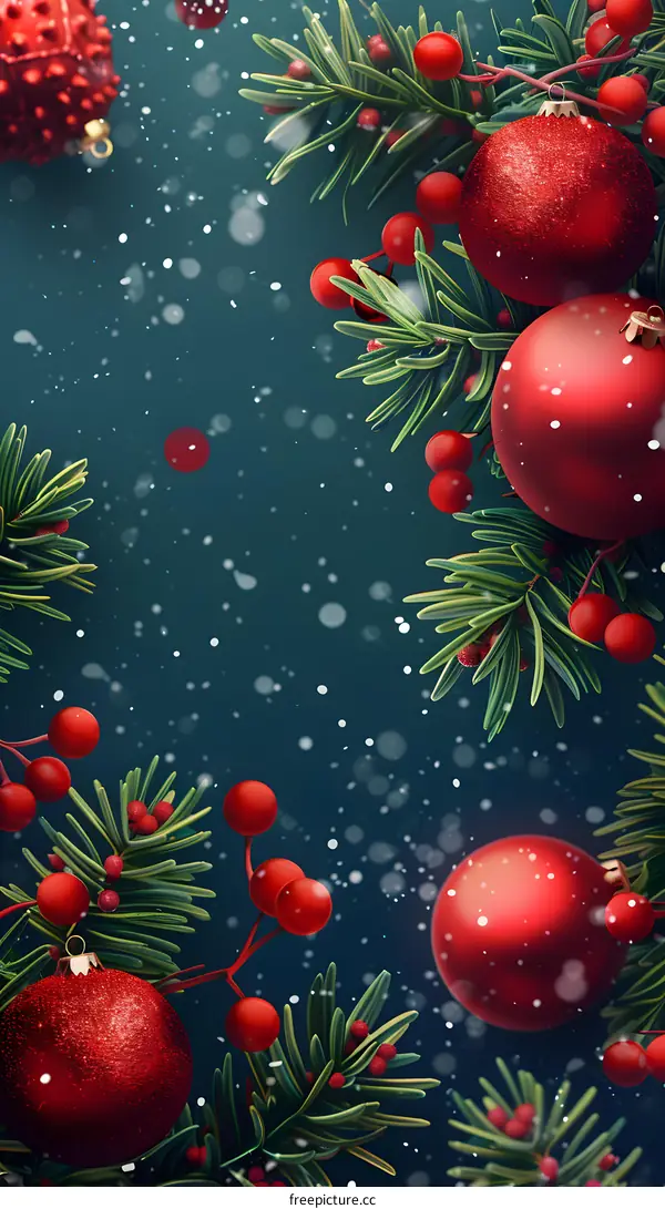 Christmas background with red balls and green fir branches