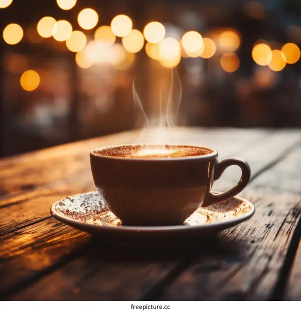 Aromatic hot chocolate in a ceramic cup on a wooden table
