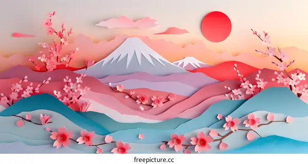 Paper Cut Art Landscape with Cherry Blossoms and Mount Fuji