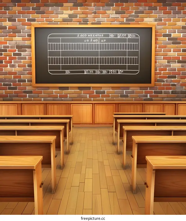 Empty Classroom with Wooden Benches and Blackboard