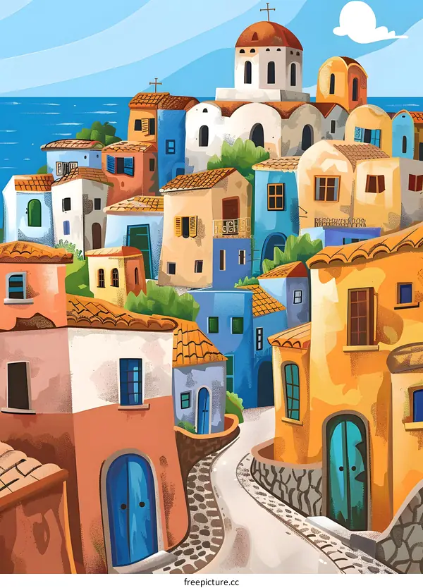 Colorful Houses in a Coastal Town Illustration