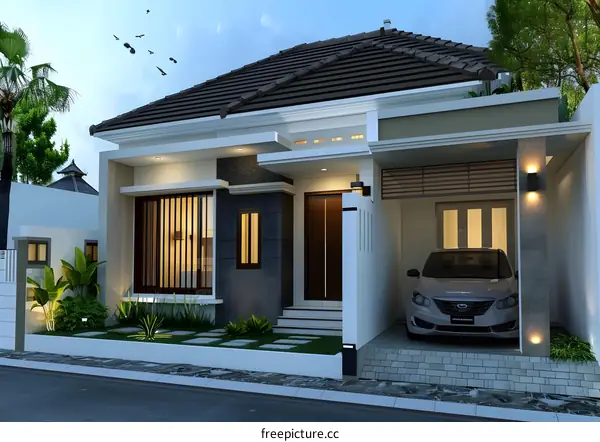 Modern House Design with Carport and Lush Green Landscaping