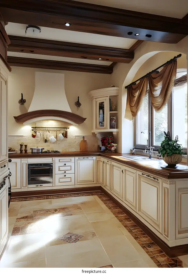 Modern White Kitchen with Wooden Beams and Rustic Details