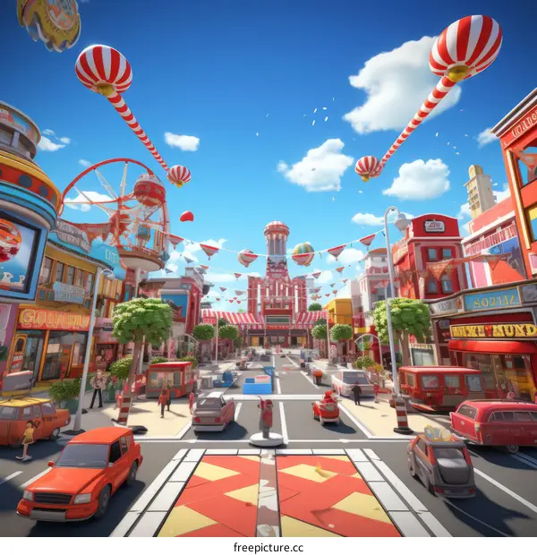 A bustling city street with a Ferris wheel and colorful balloons