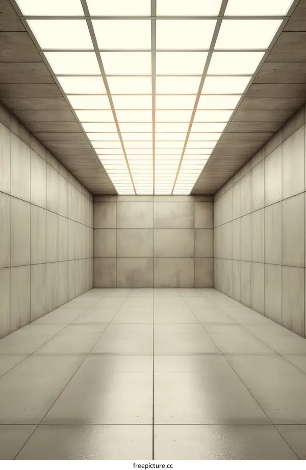 Futuristic empty room with tiled walls and ceiling lights