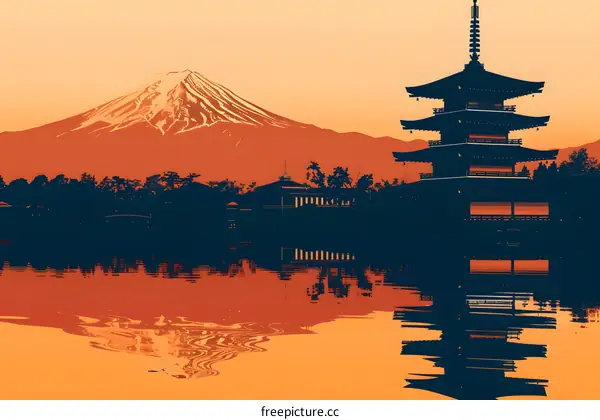 Silhouette of Mount Fuji and Pagoda with Reflection on Water