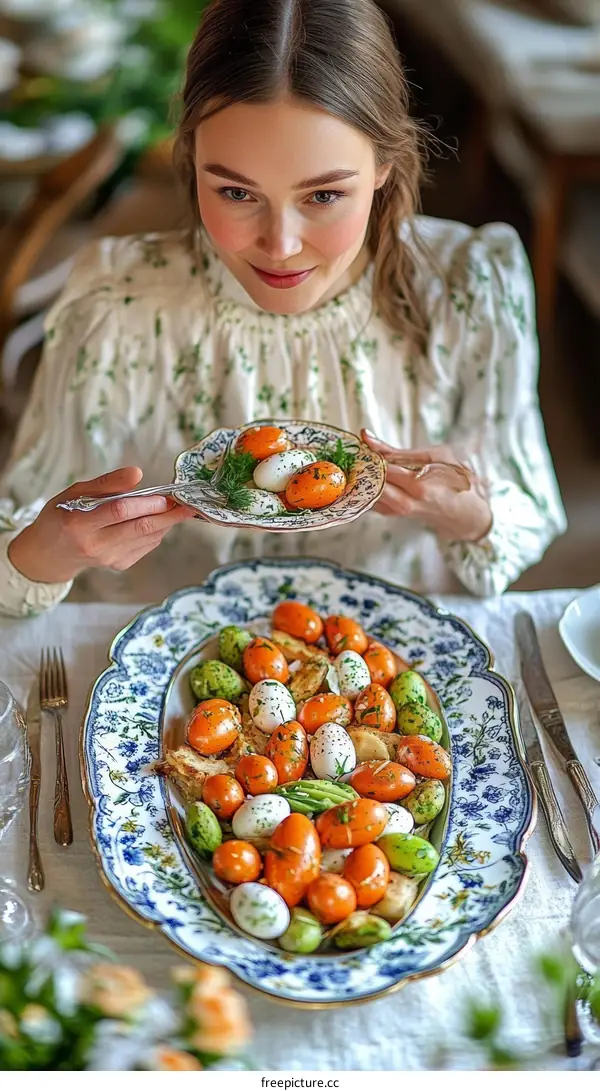 Elegant Easter Dish with Colorful Eggs and Vegetables