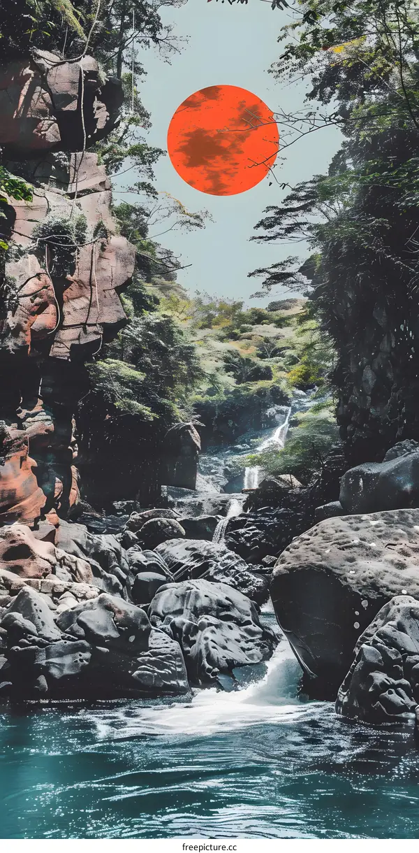 Waterfall in the Forest with Red Sun