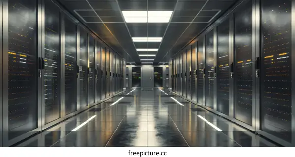 Futuristic server room with rows of supercomputers.