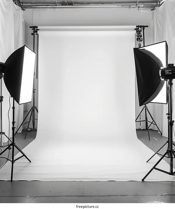 Studio Photography Equipment Setup with Seamless White Paper Backdrop