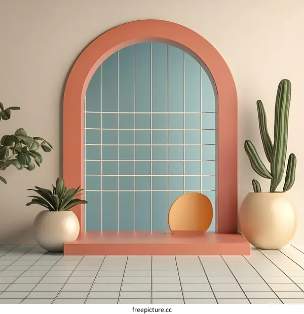 Minimalist 3D Interior Design With Plants and Arch Window