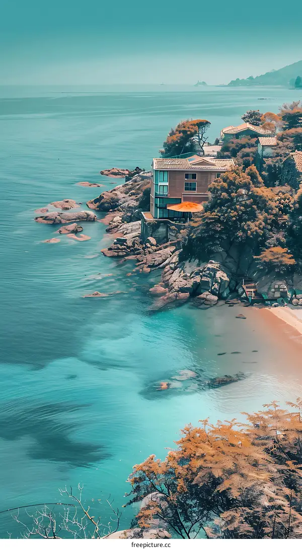 Coastal House with Blue Ocean and Green Trees