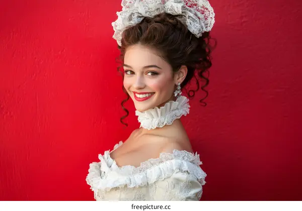 Elegant Woman in Historic Dress against Red Background