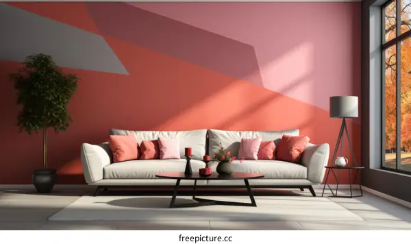 A modern living room with a white sofa, coffee table, and colorful walls