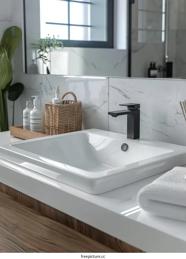Modern Bathroom Vanity with White Sink and Black Faucet