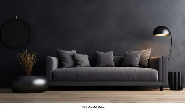 Black minimalist living room interior with sofa, coffee table, and floor lamp