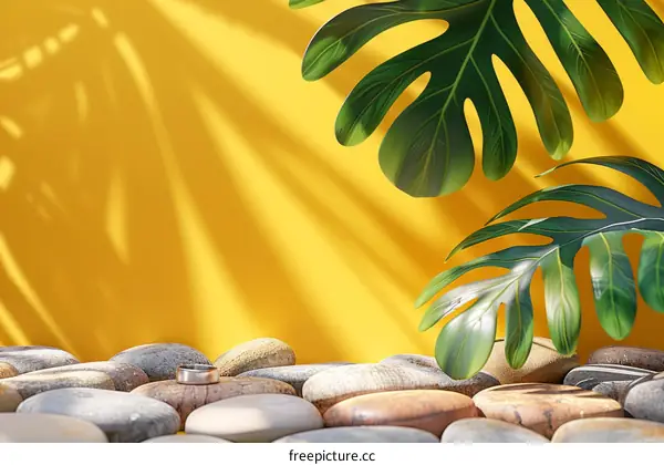 Pebbles and leaves on a yellow background