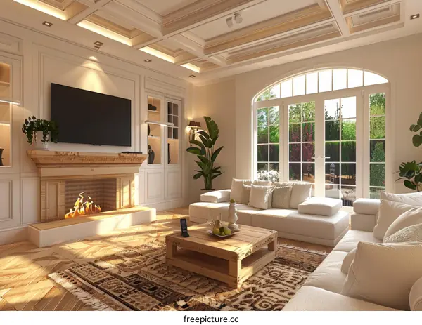 Modern Living Room Interior Design with Fireplace and Large Windows