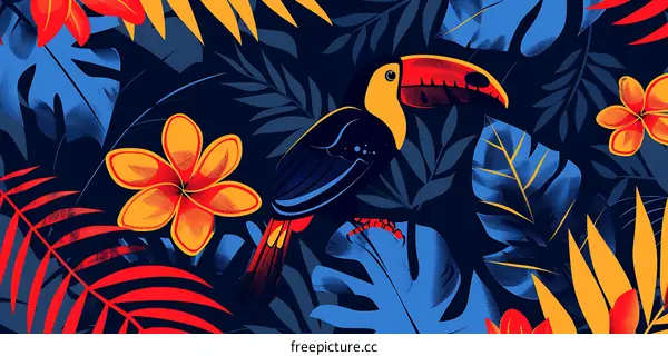 Tropical Bird and Leaves Pattern