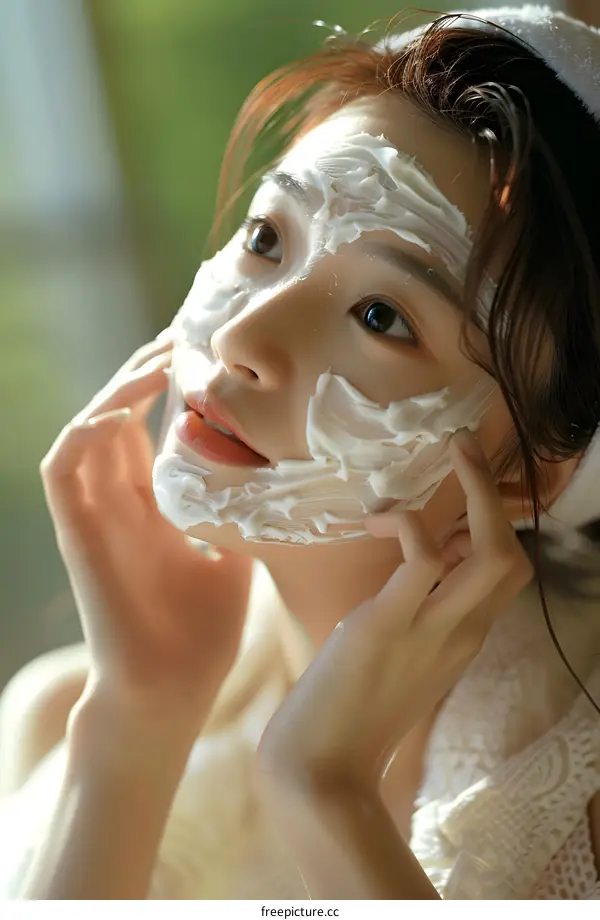 Young Woman Applying Facial Mask on Her Face