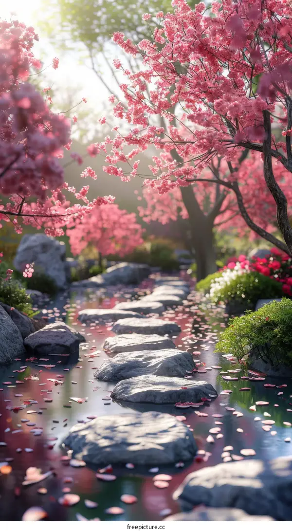Japanese Garden Path with Tranquil Cherry Blossoms