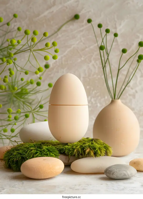 Beige Egg Shaped Bottle With Green Plants and Stones