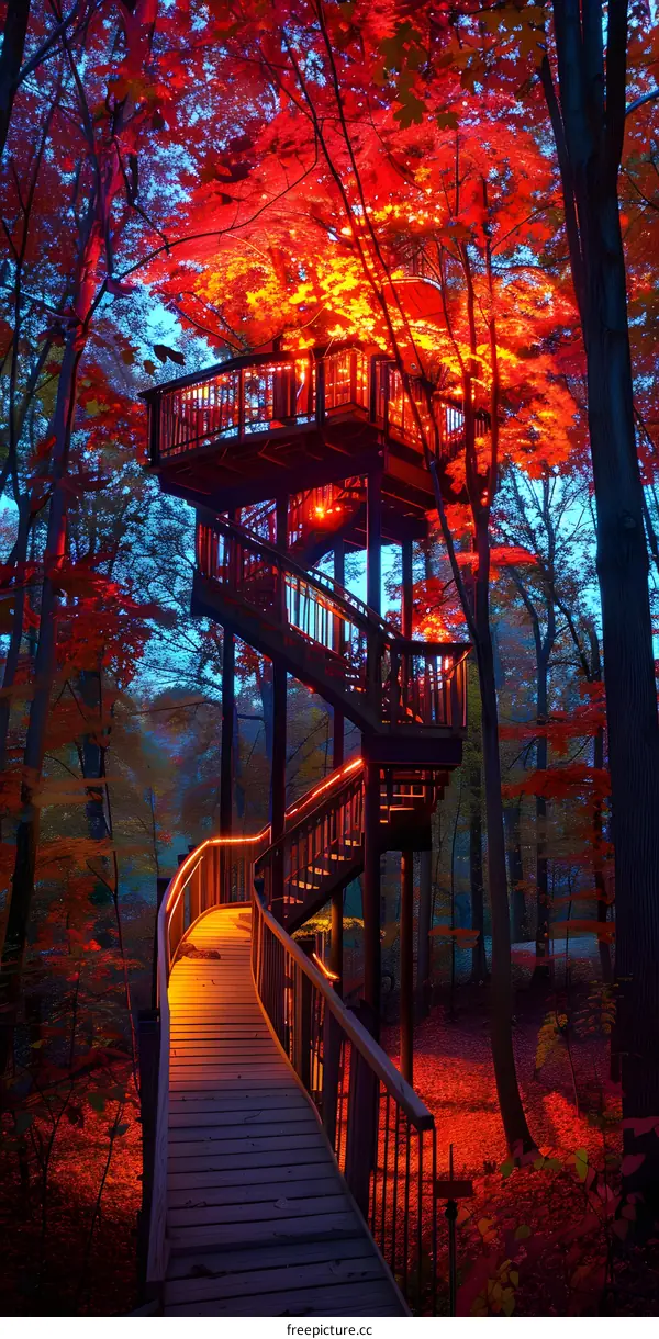 Wooden walkway and observation tower in a forest with red autumn leaves
