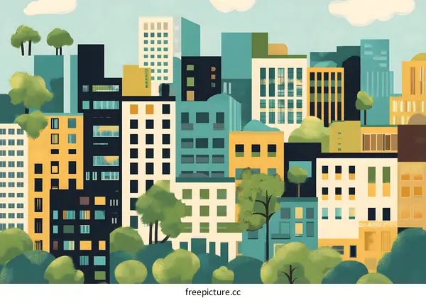 Colorful Cityscape with Trees and Buildings Illustration