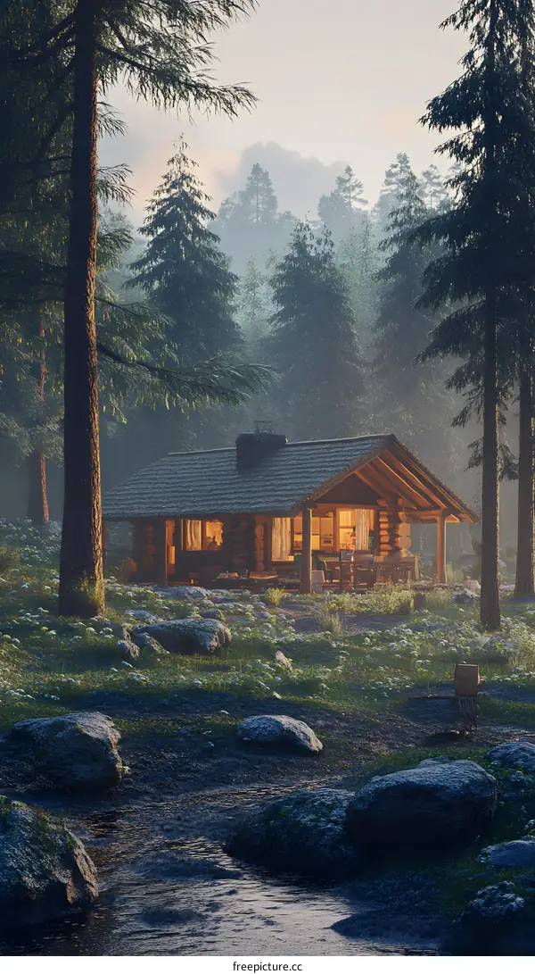 Cozy Log Cabin in the Forest with Stream and Rocks