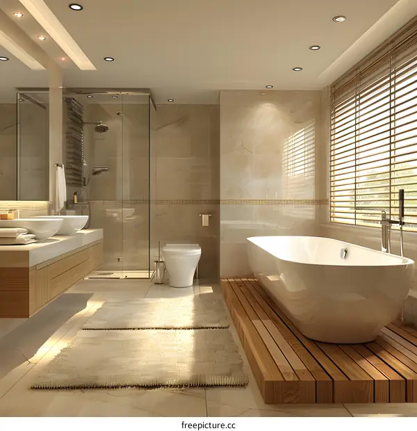 Modern Bathroom with Teak Floor and White Bathtub