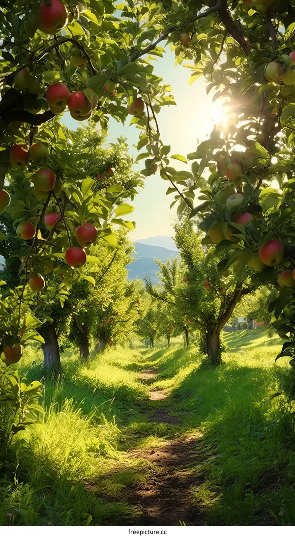 An orchard with ripe apples in the summer