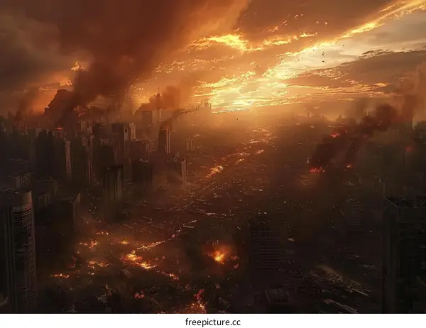 A post-apocalyptic cityscape with a burning orange sky