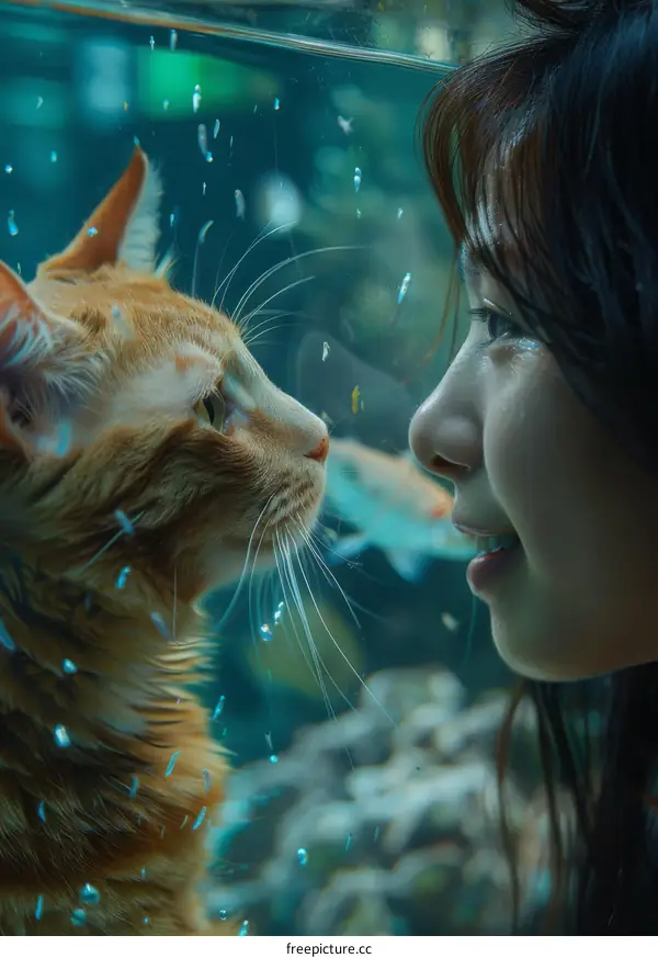 A ginger cat and a girl are staring at each other through a glass window.