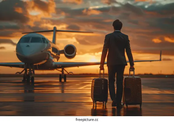 Businessman walking towards private jet at sunset