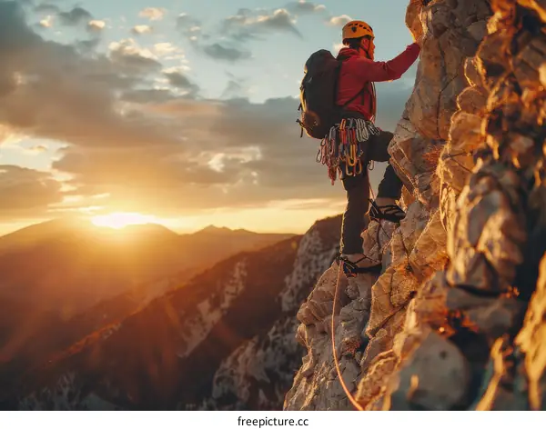 A rock climber scales a sheer cliff face while the sun sets in the background