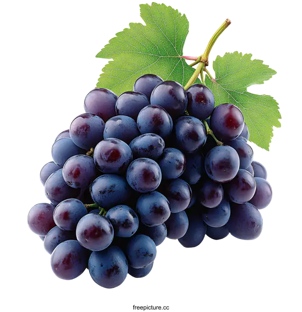 [Transparent Background PNG]Close Up of a Bunch of Dark Grapes with Leaves
