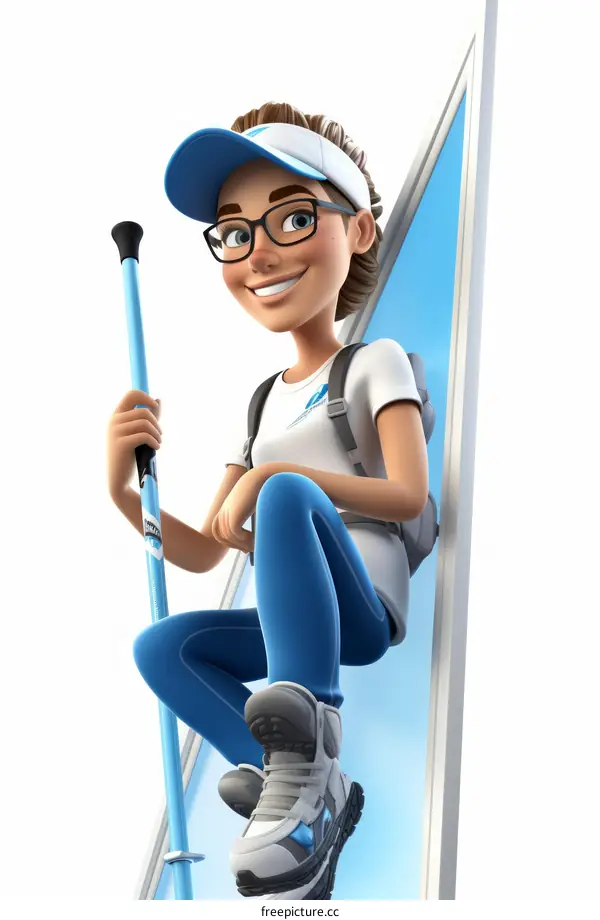 A female hiker in blue sportswear is sitting on a ledge