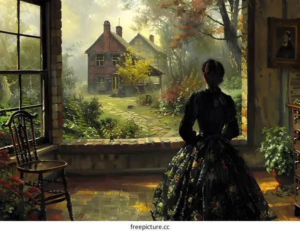 elegant woman in Victorian dress looking out window at English country house