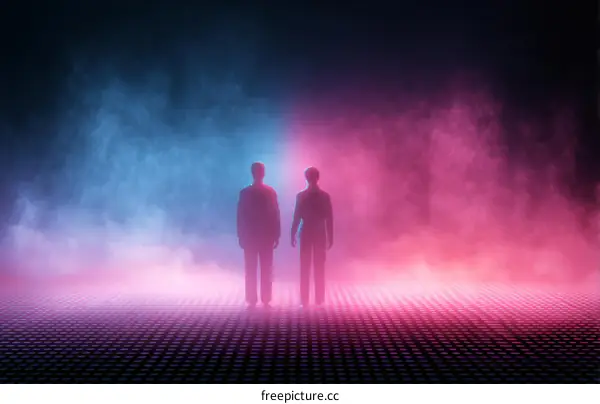Two figures in neon light futuristic scene