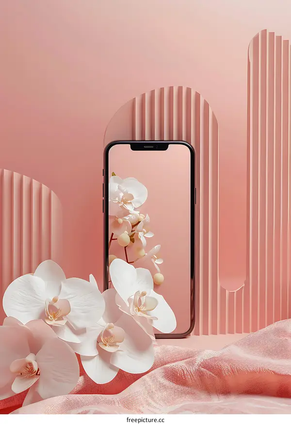 Minimalist Pink Aesthetic with Orchids and Smartphone