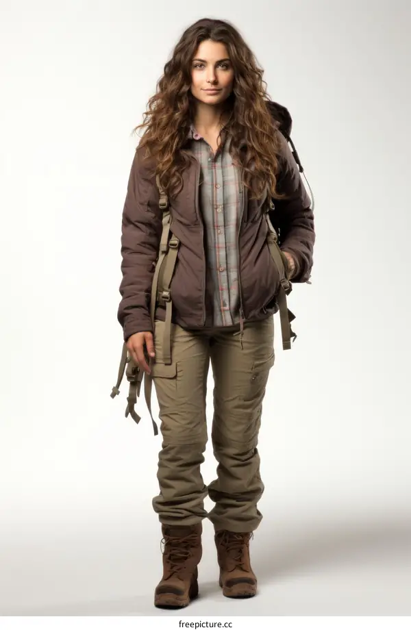 A young woman with long brown hair and wearing a brown jacket, green pants, and brown boots is standing in front of a white background.
